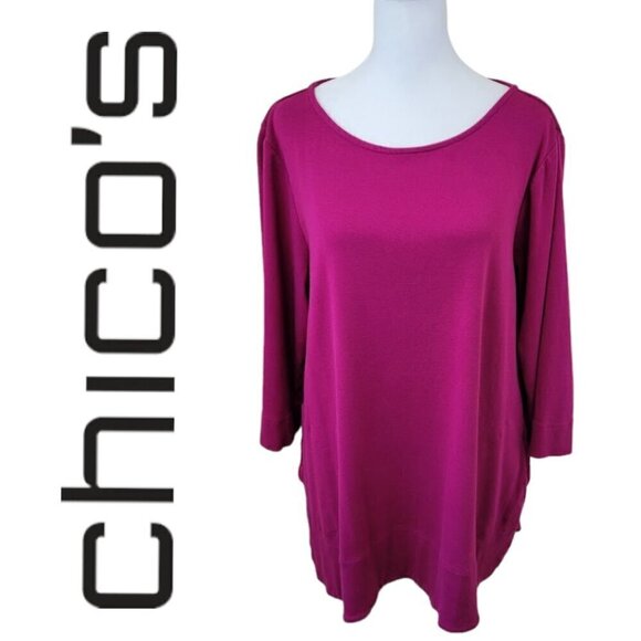 Chico's The Ultimate Tee SZ L Tunic Supima Cotton Long Sleeve Pocket Top Pink - Picture 1 of 13